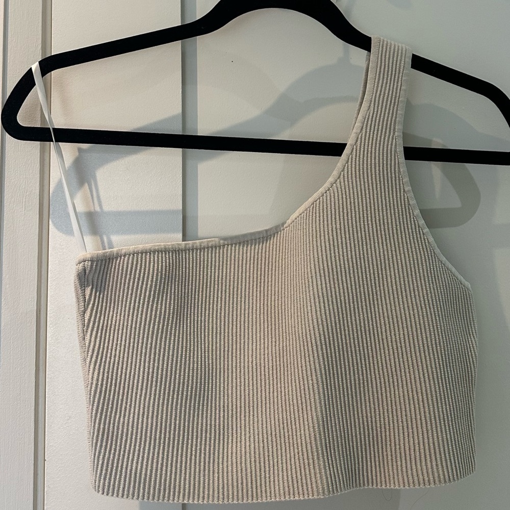 Babaton Aritzia Beige Sculpt Knit One-Shoulder Ribbed Tank Top